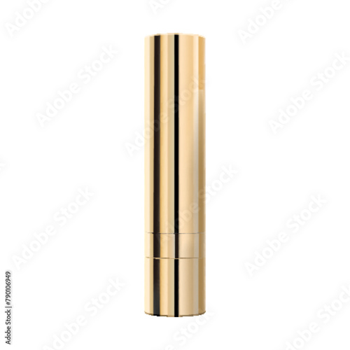 Golden lipstick tube template, vector mockup. 3d realistic packaging, opened and closed with cap. Decorative cosmetic product for beautiful lip. Vector illustration isolated on white