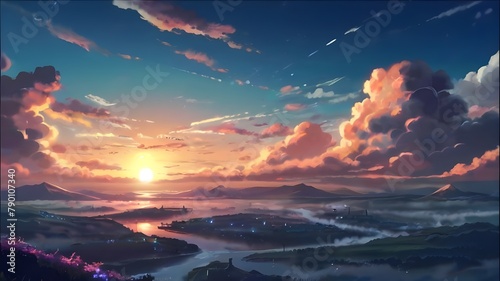 Anime fantasy wallpaper background concept : Mountain Sunset Sunrise Sky Clouds Nature Red Orange Blue Yellow Beautiful Dramatic Landscape Weather Abstract Dusk Dawn , generative ai	 photo