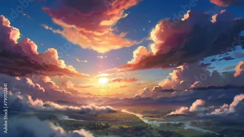 Anime fantasy wallpaper background concept : Mountain Sky: Sunset and Sunrise Colors in Nature's Evening Light, generative ai © phurimart