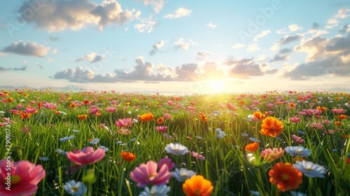 A field of flowers with a bright sun shining down on them