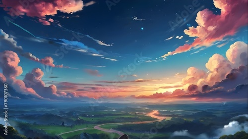 Anime fantasy wallpaper background concept : Vivid Sky's a breathtaking blend of orange and blue hues, the sky merge in a dramatic dance of light, beautiful and vibrant sunset scene, , generative ai