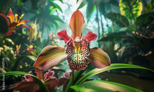 Traditional art medium, capture a detailed, colorful illustration of a rare orchid blooming in a lush rainforest from a unique low-angle perspective Emphasize the delicate beauty and intricate pattern