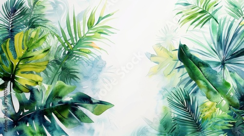 Vibrant watercolor painting showcasing tropical foliage with a dreamy backdrop