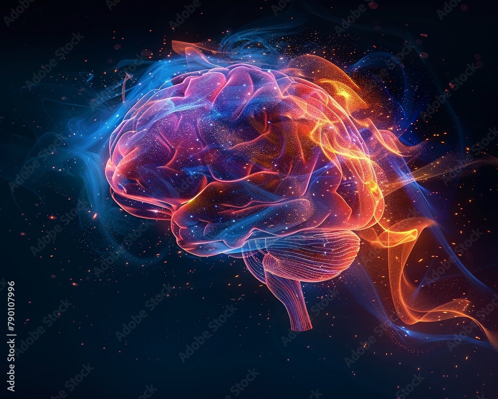 Creative wallpaper illustrating a human brain in vibrant colors, exploding with knowledge and innovative ideas, capturing the essence of creativity