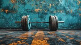 Strong concept, barbell on wooden floor, lifestyle weightlifting athlete health club weight training