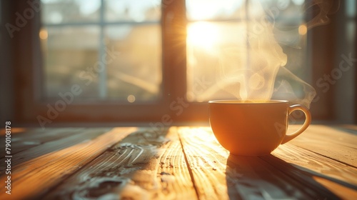 Morning, cup of coffee on wooden table with sunlight coming through window, desk sun tea hot drink liquid