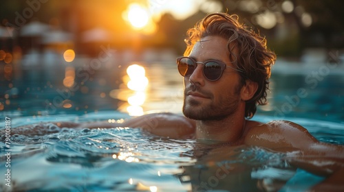 Pool, man in swimming pool at sunset, leisure activity sunglasses enjoyment fun sun