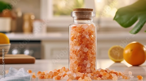 raw himalayan salt in the transparant bottle package, kitchen background setting