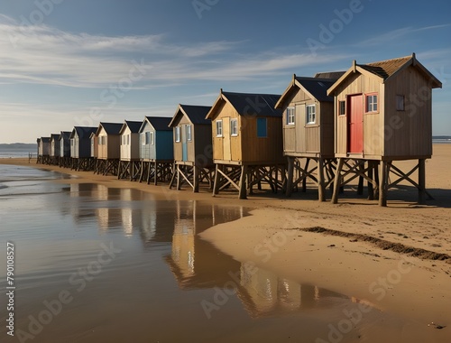 beach landscape with private wooden fishing huts in France at Fouras in web banner template
