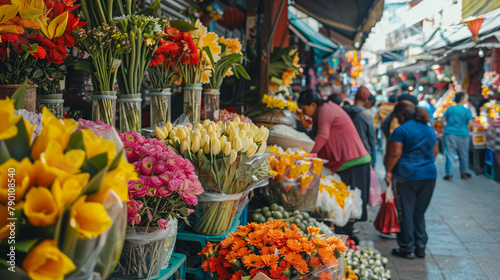 Immersing in urban vitality, a candid street photograph captures the vibrant energy of a bustling market, with vendors selling colorful flowers and fresh produce amidst lively surroundings.