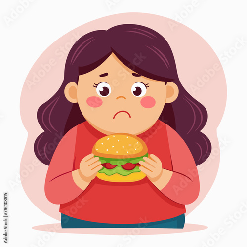 A plump girl is eating a hamburger with a sad expression on her face. Social problem.