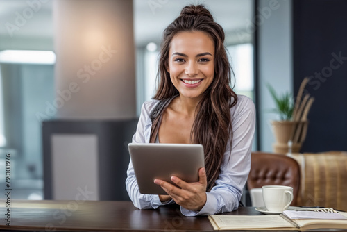 Ricerca e Comunicazione- Donna d'affari sorridente nell'Ufficio con tablet tra le mani photo