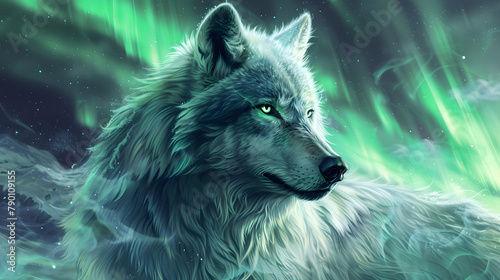 A silver wolf with radiant green auroras enveloping its form. luminous eyes and thick fur