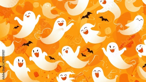 Celebrate Halloween with a whimsical illustration featuring adorable cartoon characters cute white ghosts and bats dancing on a vibrant orange backdrop in a pattern