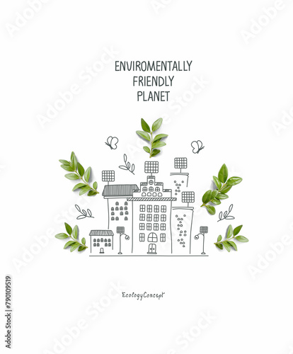 Cartoon sketch of eco city, houses with solar panels and wind energy resouces. Illustration of Environmentally friendly planet. Eco city Consept. Ecology industry and alternative energy concept