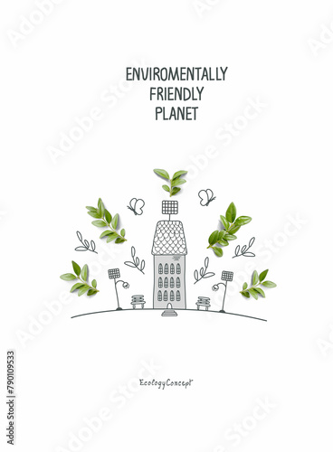 Cartoon sketch of eco house with solar panels and street lights with solar panels. Illustration of Environmentally friendly planet. Eco city Consept. Ecology industry and alternative energy con
