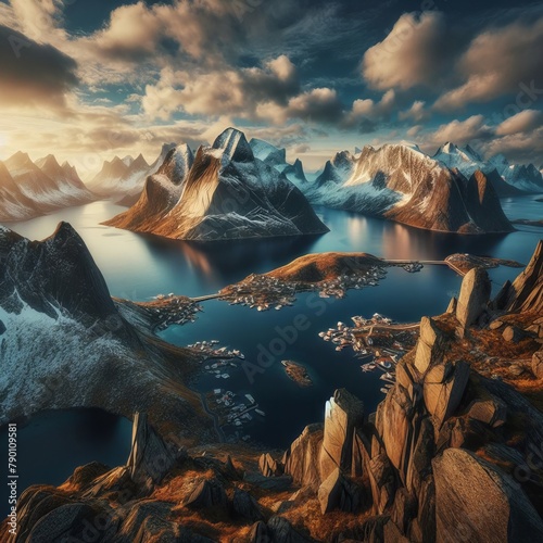 Majestic Peaks and Valleys Reflecting Sunlight Amidst Serene Water Bodies