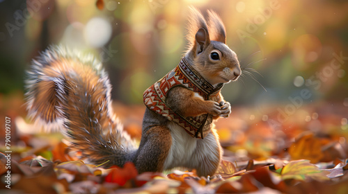 A squirrel in a cute vest. exuding charm with its bushy tail and agile movements. 