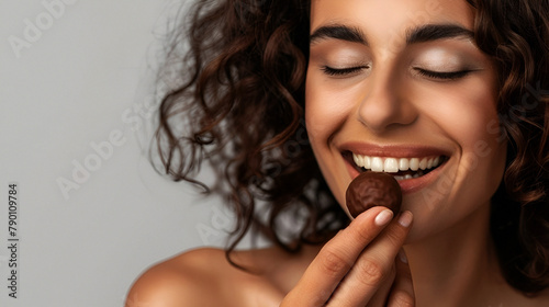 Woman savoring a mouthwatering chocolate truffle with closed eyes, copy space