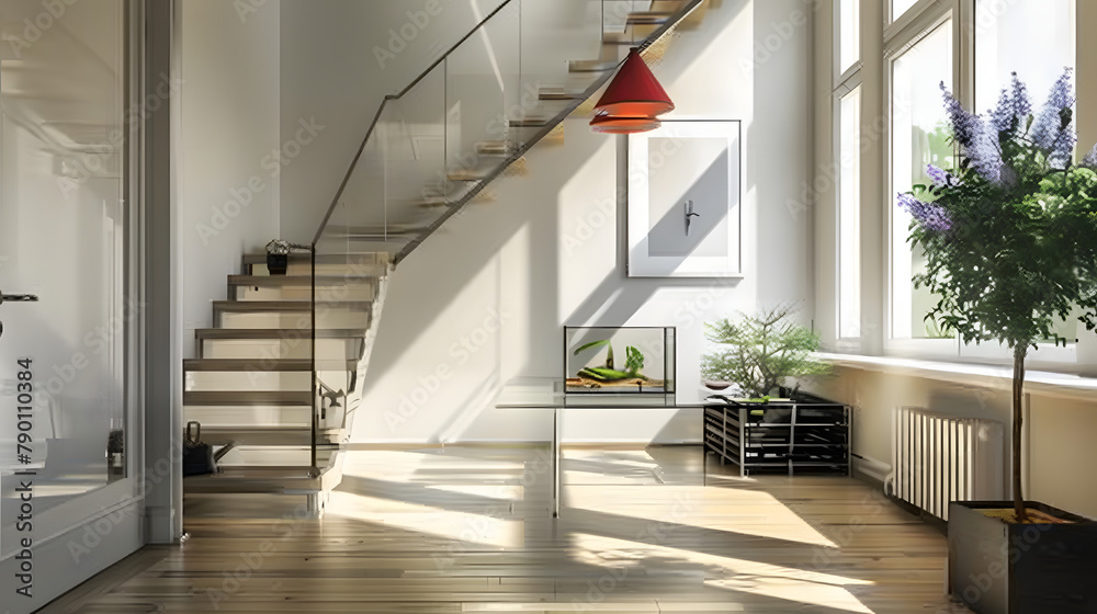 A stylish anteroom with pared-down aesthetics. featuring a vacant space under the stairway and a glass entry table. The room is brightened by sunlight from wide windows on one side A stylish anteroom with pared-down aesthetics. featuring a vacant space under the stairway and a glass entry table. The room is brightened by sunlight from wide windows on one side