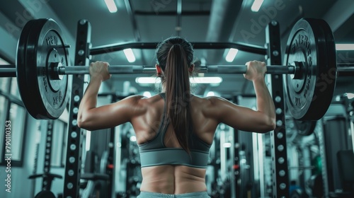 Woman weightlifter in gray sportswear at the gym is lifting weights.