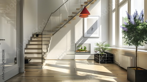 A stylish anteroom with pared-down aesthetics. featuring a vacant space under the stairway and a glass entry table. The room is brightened by sunlight from wide windows on one side