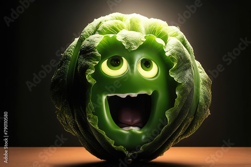 3D green happy vegetable cartoon character with eyes on dark .background, Generative AI