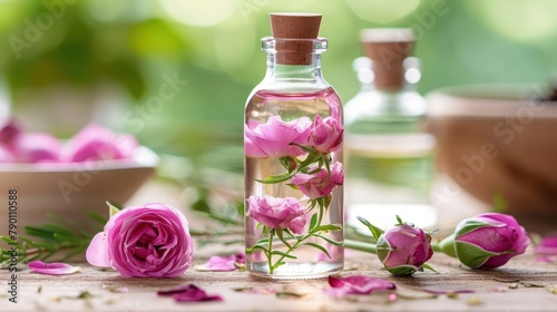 raw rose flower in the transparant bottle package, kitchen background setting