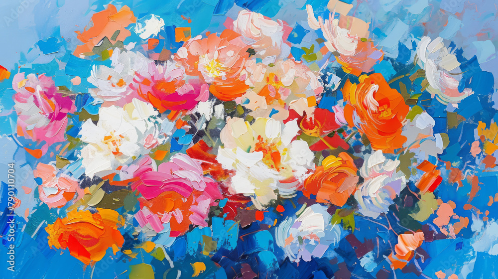 Floral Oil Painting on Blue Background Floral Oil Painting on Blue Background
