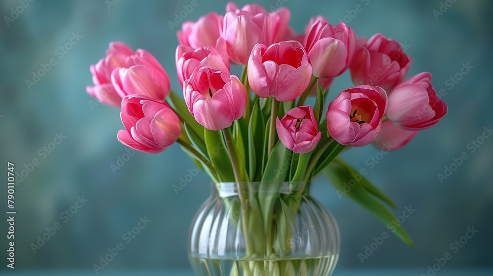 A bouquet of pink tulips and a gift box on a blue background. Spring greeting for birthdays, Easter or Mother's day.