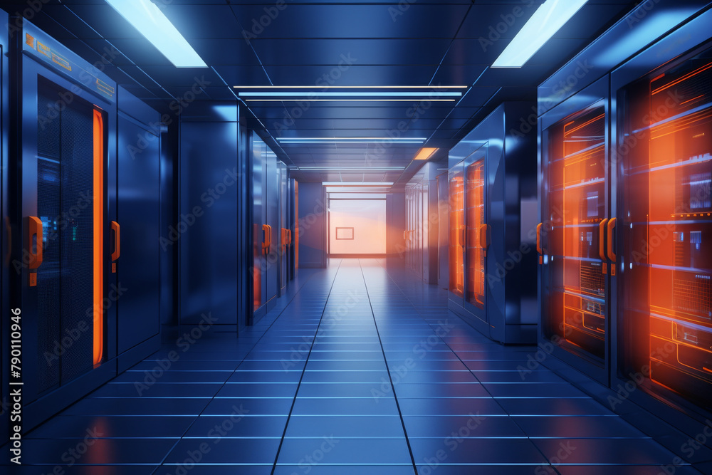 corridor of a server room with servers on right and left with vibrant orange and blue colors lighting corridor of a server room with servers on right and left with vibrant orange and blue colors lighting