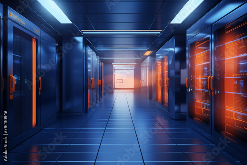 corridor of a server room with servers on right and left with vibrant orange and blue colors lighting