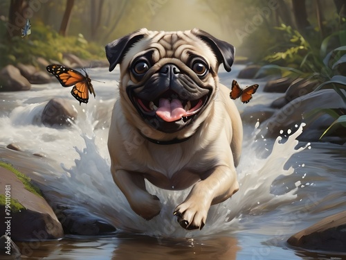 a painting of muddy pug dog, running through a stream, looking, chasing a butterfly, 