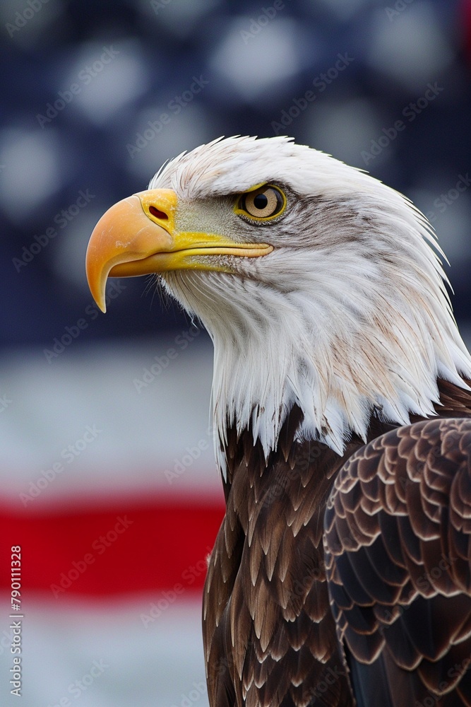 Obraz premium Bald Eagle profile American flag backdrop