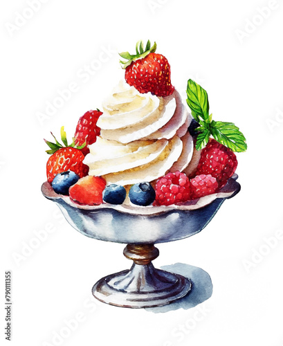 白い画用紙に描いたアンティークなシルバーの器に盛り付けたソフトクリームとフレッシュベリーのイラスト