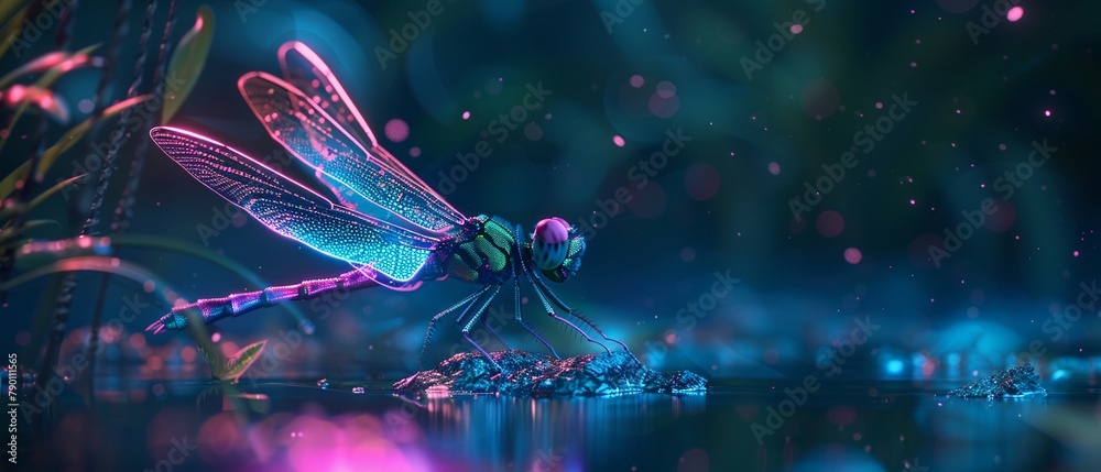 Digital neon dragonfly hovering over a twilight pond bioluminescent glow - obrazy, fototapety, plakaty 