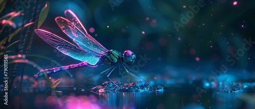 Digital neon dragonfly hovering over a twilight pond bioluminescent glow