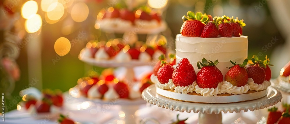 Golden hour banquet with strawberry-topped cakes warm glows