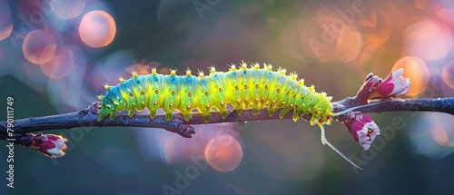 Glowing neon caterpillar on pixelated branch dawn light