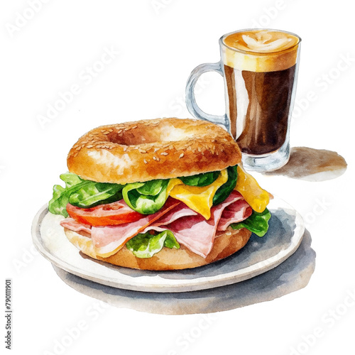 白い画用紙に描いたベーグルサンドイッチとドリンクのセットのイラスト 