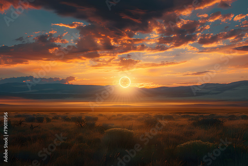 wide shot of open landscape at dawn, bright orange yellow neon shape floating in the center in the distance, mountains far away, mesmerizing clouds, god rays © john