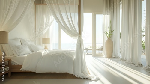 A bright and airy bedroom with crisp white linens and a canopy bed