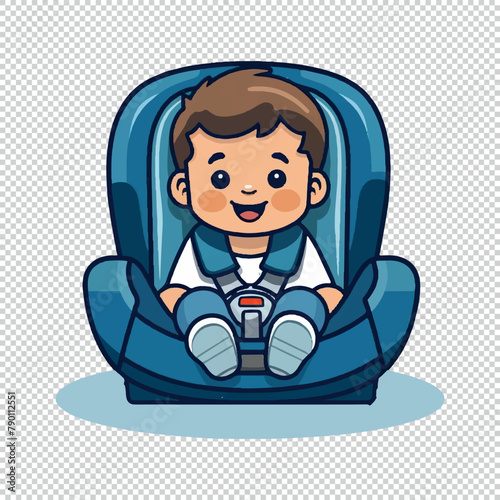 Adorable baby is sitting in car seat, clipart circle icon in comic art drawing design