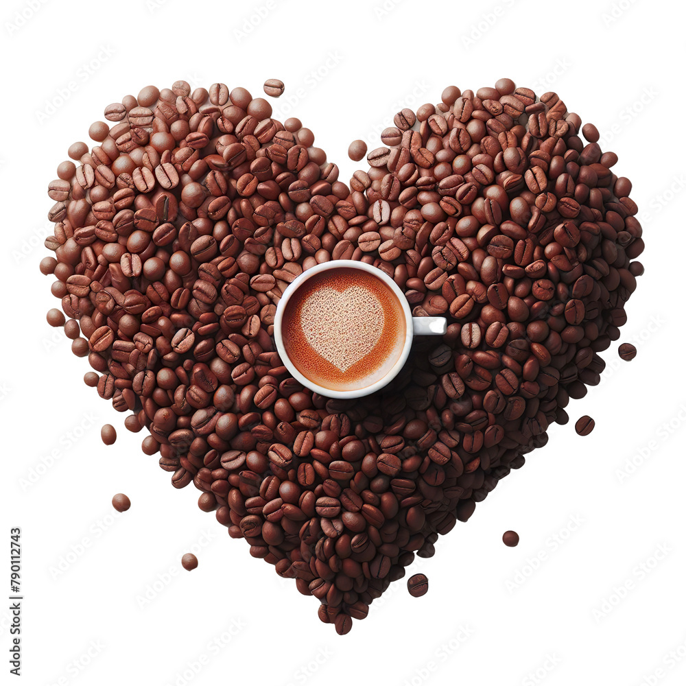 a heart created from coffee beans and in the middle a cup of Cappuccino isolated PNG a heart created from coffee beans and in the middle a cup of Cappuccino isolated PNG