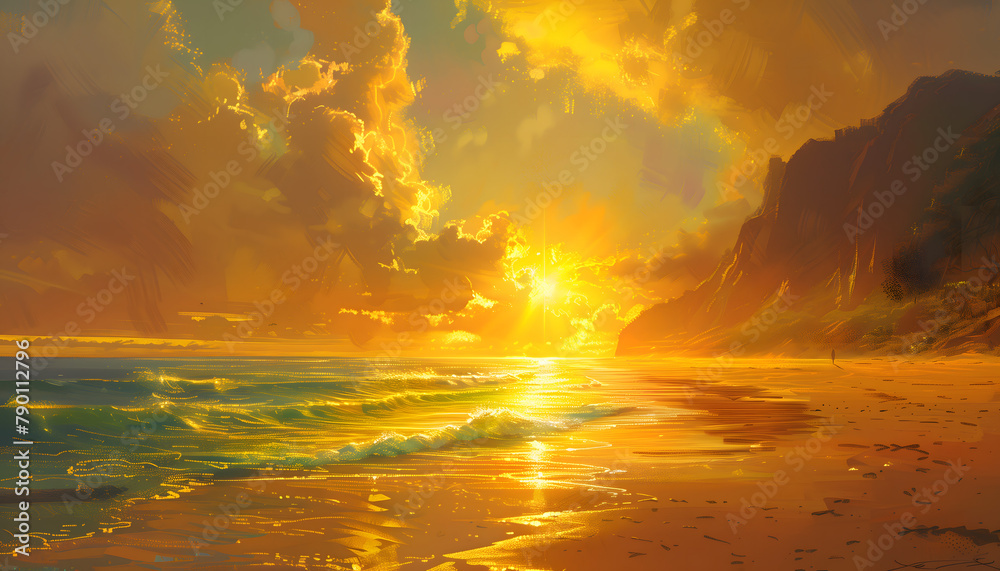 Fototapeta premium Painting of a beach being drenched in the warm orange and yellow light from the sun