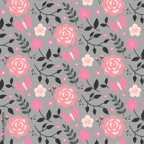 botanical floral vector seamless pattern with roses herbs and leaves big set background with flowers