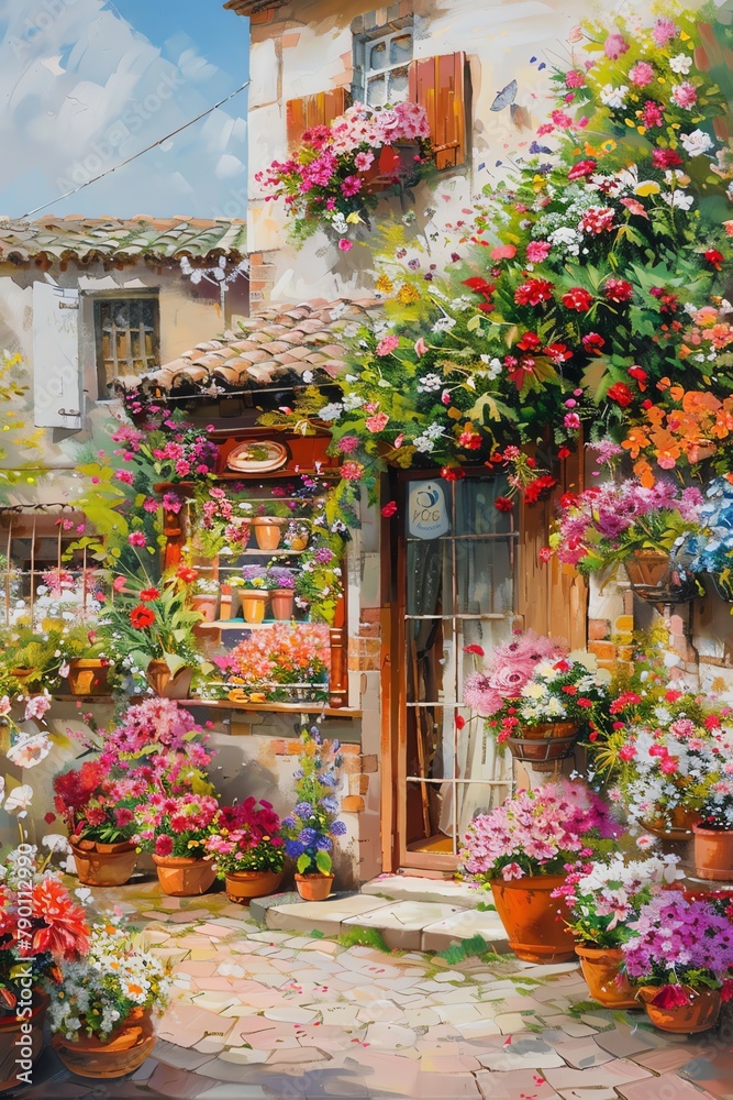 Flower shop abundance, floral aroma, quaint charm, colorful street view