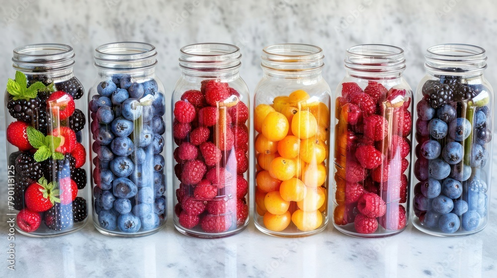 rich color palette of various berries in transparent glass bottles, set in a kitchen ambiance rich color palette of various berries in transparent glass bottles, set in a kitchen ambiance
