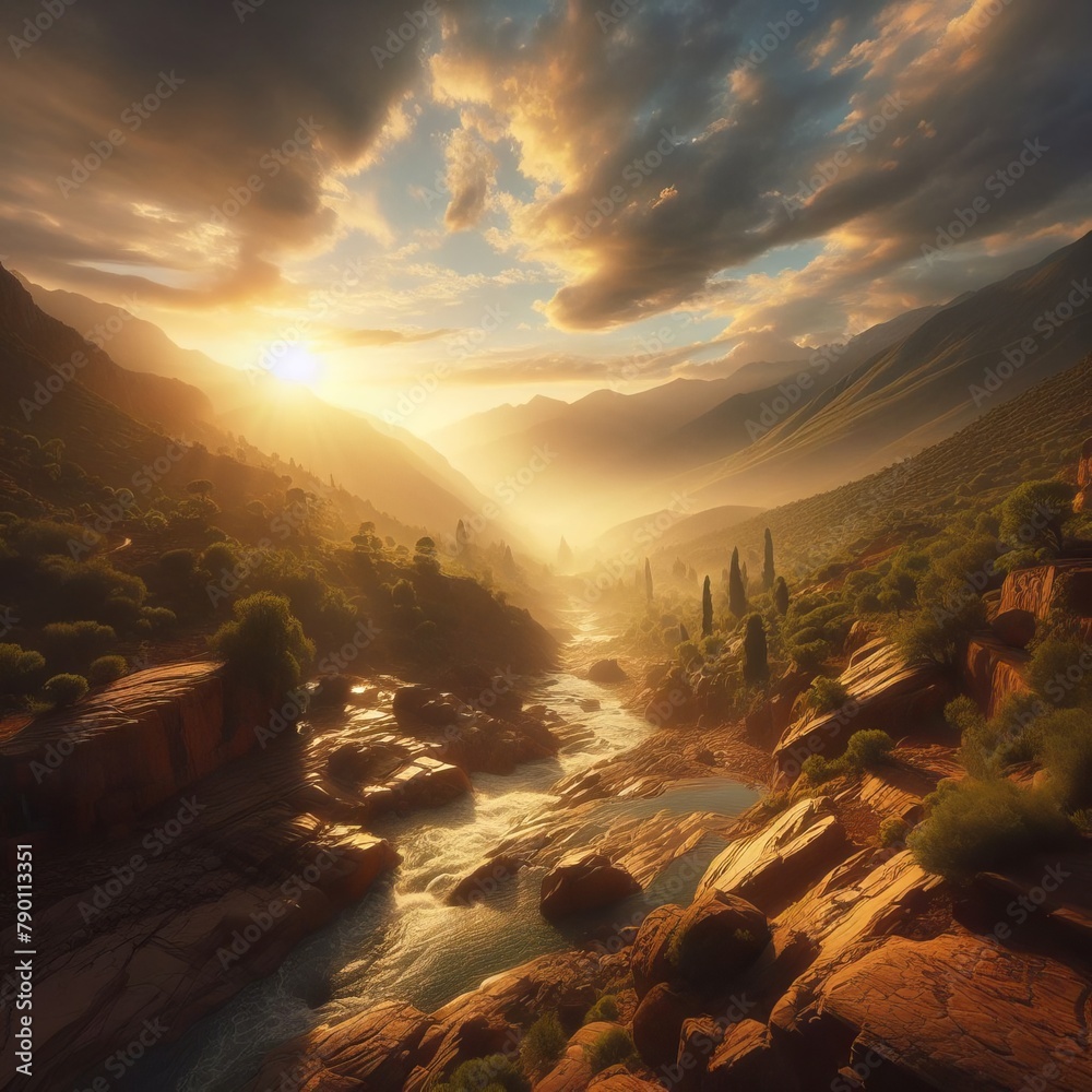 A Breathtaking Sunset Over a Mystical River Flowing Through a Lush Green Valley Encased by Majestic Rocky Cliffs A Breathtaking Sunset Over a Mystical River Flowing Through a Lush Green Valley Encased by Majestic Rocky Cliffs
