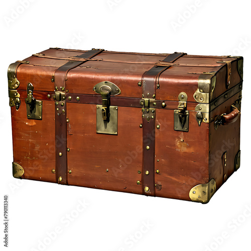 A vintage travel trunk with worn leather straps and brass locks Transparent Background Images 